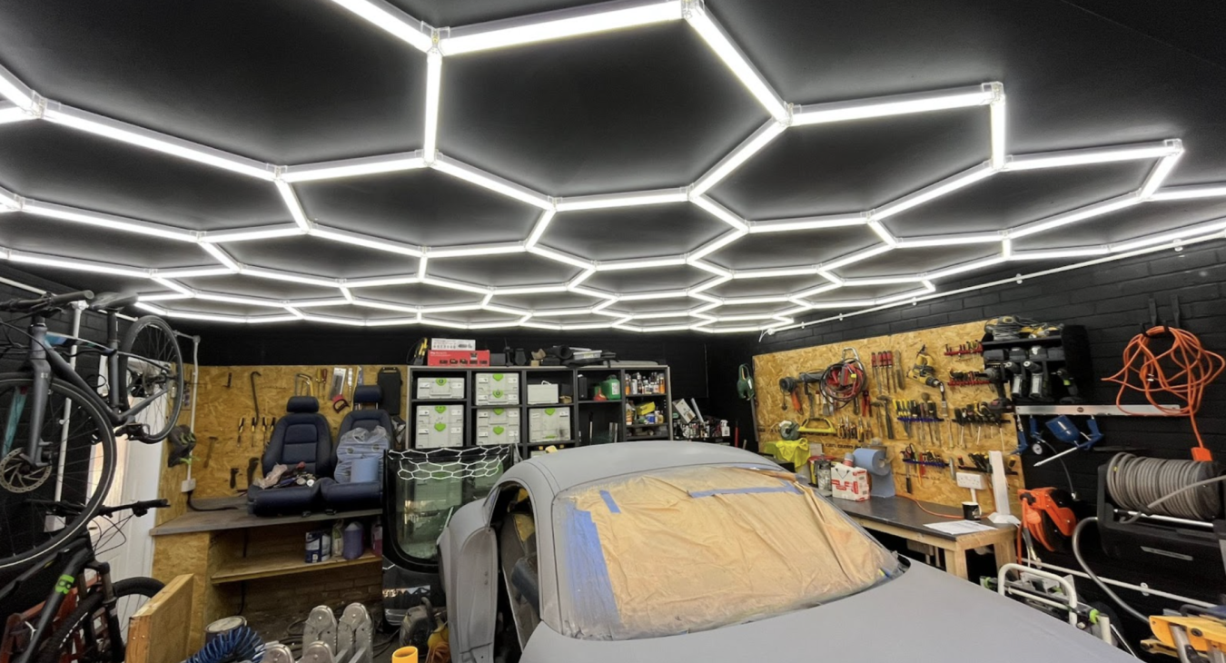 Hexagon LED Lights Installed in a Bedford Garage – A Bold, Modern Upgrade by NRG Electrical